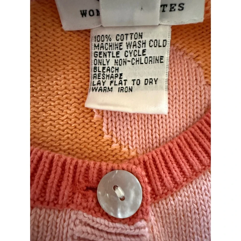 Talbots Woman Petites Pink Orange Polka Dot Cotton Cardigan Sweater 1X Preppy‎